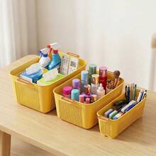 1/2/4pcsMultifunctional Plastic Cosmetic Storage Basket With Handle, Stackable Ventilated Organizer Basket For Bathroom Kitchen Cabinet Desktop Sundry Arrangement - Multicolor - View 3