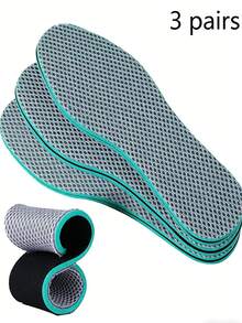 3雙運動灰色綠色網格透氣蜂巢紋理高彈性緩衝舒適透氣吸汗防臭男士加厚軟底皮革鞋墊女士除臭秋冬/夏季，適用於日常通勤運動健身多種場景 - 灰綠 - 查看 10