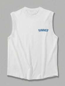 1 chiếc áo tank top nam mùa hè cổ tròn kiểu dáng thường ngày, in chữ tiếng Anh và hình cây cọ. - trắng - Xem 3