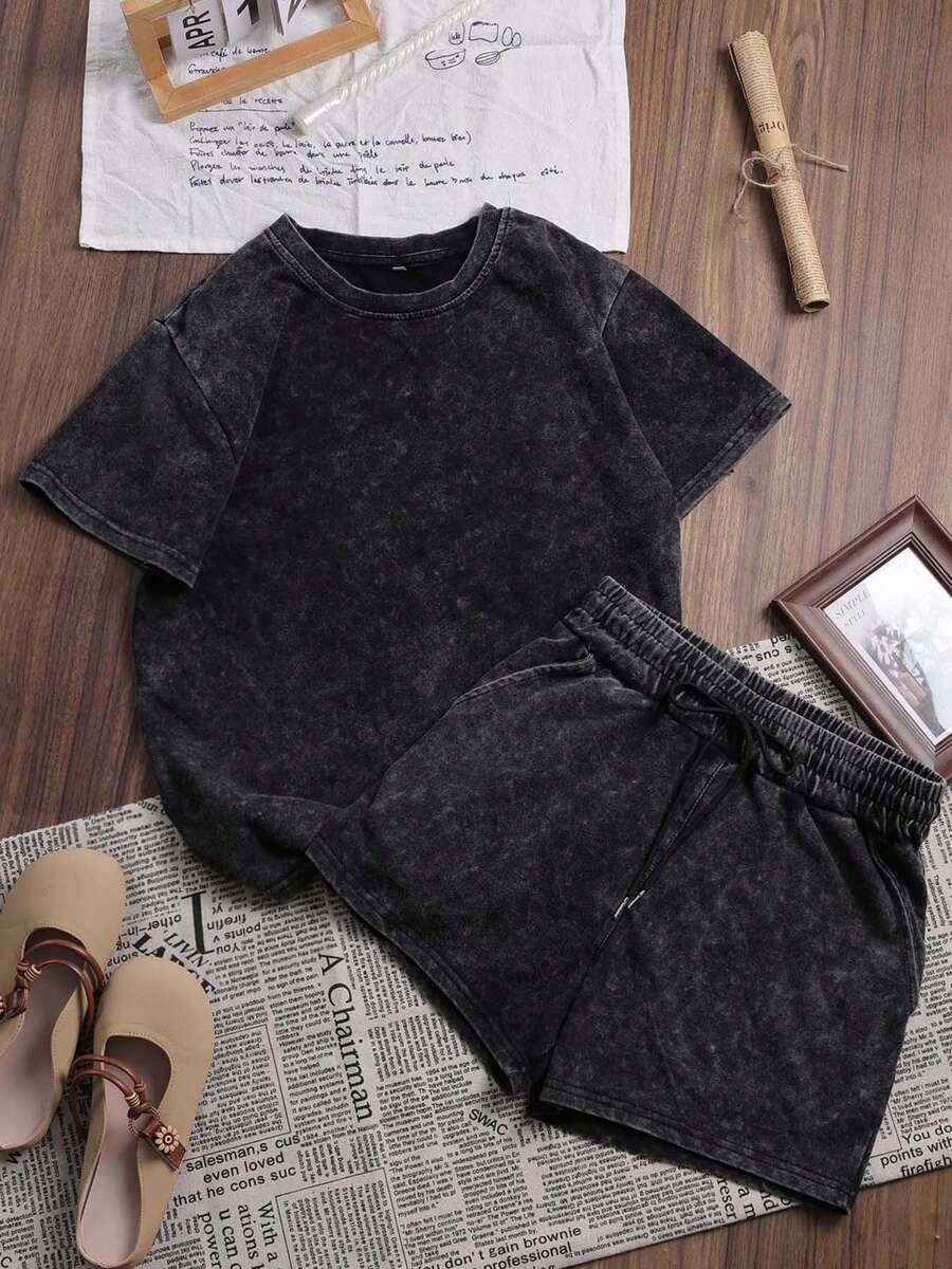 ZZG ES TRUS 纯棉夏季女装街头时尚 Y2K 风格服装,黑色复古基础款休闲宽松圆领水洗加大码 T 恤和短裤两件套,优雅时尚 - 黑色 - 查看 1
