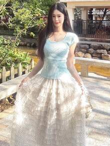 Chân váy midi ren chấm bi nhiều lớp màu trắng thanh lịch mùa hè mới 2026 dành cho nữ của Y6Y - Màu be - Xem 7