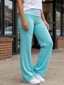 Women Y2k Striped Fold Over Yoga Pants Low Rise Stretch Straight Wide Leg Palazzo Pants Loose Fit Comfy Flared Leggings Gym Lounge Pants Sweatpants - 藍色 - 查看 5