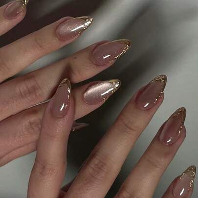 Hộp 24 miếng dán móng tay kiểu Pháp mắt mèo màu hồng, hình dáng hạnh nhân cỡ trung bình, viền vàng trang trí, phong cách tối giản, bề mặt mịn, móng giả dán toàn bộ có thể tái sử dụng, phù hợp cho phụ nữ và bé gái sử dụng hàng ngày.