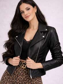 Women's White Leather Jacket With Long Sleeves, Stylish Blazer Coat For Cold Winter, Black Jacket For June Festivals. - 黑色的 - 查看 1