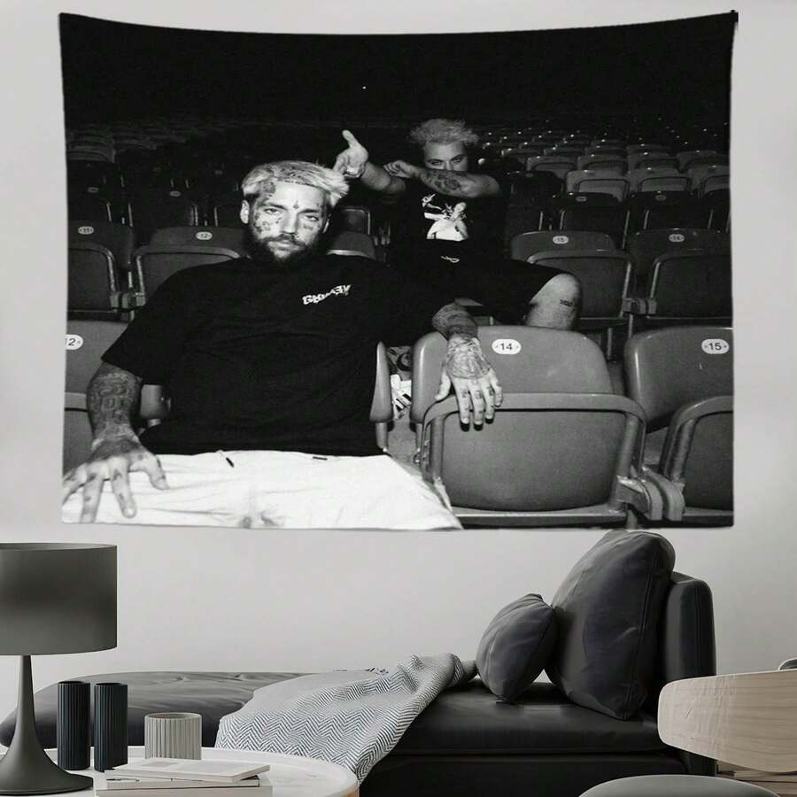1pc Suicide$ G59 Hip-Hop Rap Music Art Tapestry - Funny Meme Black & White Photo Print On Peach Light Beige Fabric, Horizontal Indoor Wall Decor For College Dorm, For Man Cave, Parties, Graduation & Christmas Gifts, Hip Hop Decor, Party Decoration, Vibrant Mural, Quality Artwork, Smooth Texture - 彩色 - 查看 1