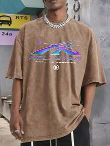 Men's Oversized Washed Graphic T-Shirt Hell Flame Star Silver Print Vintage Streetwear Tee | Exquisite Design |   Loose And Comfortable |   Easy To Match | - 咖啡 2 - 查看 2