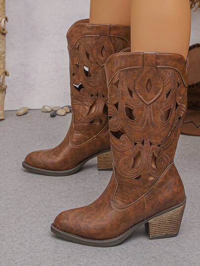 2026 New Pointed Toe Hollow Carved Floral Western Cowgirl Boots, Chunky Heel Mid-Calf Retro Outdoor Riding Boots For Women