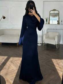 Women's Elegant Solid Navy Blue Silky Satin Cowl Neck Long Sleeve Flared Batwing Sleeve Cinched Waist Bodycon Fitted Maxi Dress, Old Money Aesthetic French Vintage Formal Evening Gown For Wedding Guest Date Night Prom Cocktail Party Office Commute Streetwear Photography Plus Size - 酒紅色 - 查看 7