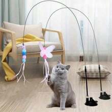 一套猫咪逗猫棒玩具，宠物人造羽毛铃铛替换头，适合猫咪运动和娱乐，手持式逗猫棒配有多个昆虫替换头 - 彩色 - 查看 2