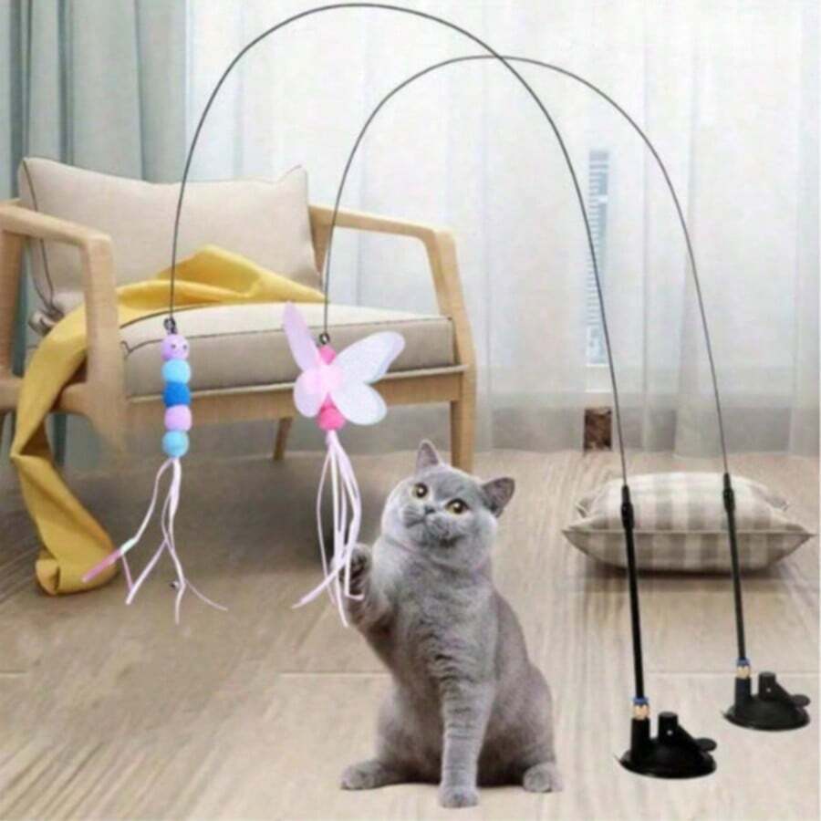 一套猫咪逗猫棒玩具，宠物人造羽毛铃铛替换头，适合猫咪运动和娱乐，手持式逗猫棒配有多个昆虫替换头