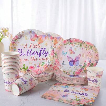 蝴蝶主题一次性餐具套装，包括7/9英寸纸盘、纸杯、餐巾纸，适用于生日派对、节日、聚会、野餐、庆典、婚礼茶会、毕业典礼等场合。