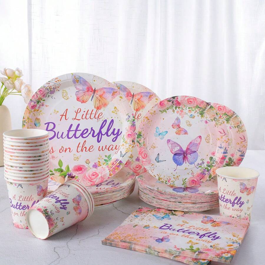 Bộ đồ dùng ăn uống dùng một lần chủ đề bướm, bao gồm đĩa giấy 7/9 inch, cốc giấy, khăn giấy, thích hợp cho tiệc sinh nhật, lễ hội, họp mặt, dã ngoại, lễ kỷ niệm, tiệc cưới, tiệc trà, lễ tốt nghiệp. - Nhiều màu - Xem 1