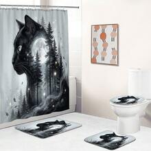 1pc/4pcs Moonlit Forest Black Cat Pattern Multifunctional Bathroom Decor Shower Curtain Set, Free 12 Hooks Included, Elegant Holiday Atmosphere, Bathroom Mat, U-Shaped Floor Mat And Round Toilet Mat, Suitable For All Scenarios Bathroom Set - Black Cat Forest - View 4