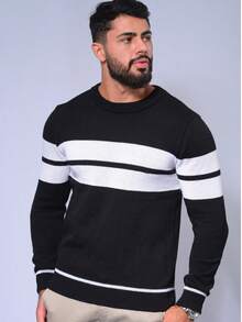 Men's Striped Knit Sweater, Casual Style, Elegant Winter Sweater, Round Neck, Comfortable For Autumn. - 黑色 - 查看 2