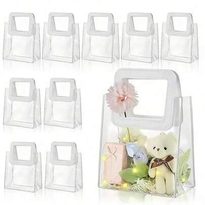 10 túi quà bằng nhựa trong suốt hình vuông màu trắng có quai xách, có thể tái sử dụng, thích hợp cho đám cưới, tiệc tùng, kỷ niệm, Ngày Valentine, Ngày của Mẹ, v.v., có thể dùng làm túi đựng kẹo/sô cô la và đồ trang trí.