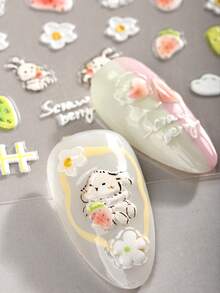 1pc 5D Embossed Spring/Summer Strawberry White Rabbit Nail Stickers, Heart Flower Sweet Cute Self-Adhesive Nail Decals For Women Home DIY Use. - Multicolor - View 2