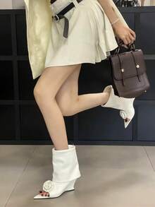 2026春夏新款欧美风人字领两穿踝靴，坡跟靴，百搭时尚女靴 - 白色 - 查看 3