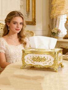 1pc Rose Flower Pattern Paper Towel Box, Luxury European And American Style Gold-Plated Tissue Box, Suitable For Living Room, Bathroom, Vanity, Nightstand, Kitchen, Hotel, KTV, Bar, Restaurant, Home Use - Gold White - View 3