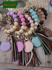 6-Piece Set Of Western Style Leopard Print Wooden Beads, Solid Color Silicone Bead Beads, Korean Velvet Tassel, Colorful Heart Wood Chips, Charm Wrist Keychains, Bag Pendants, Accessories, Keys, Car Keys, Anti Lost Women's Bracelets, Give As Birthday Gifts To Friends, Relatives, And Friends - Nhiều màu - Xem 7