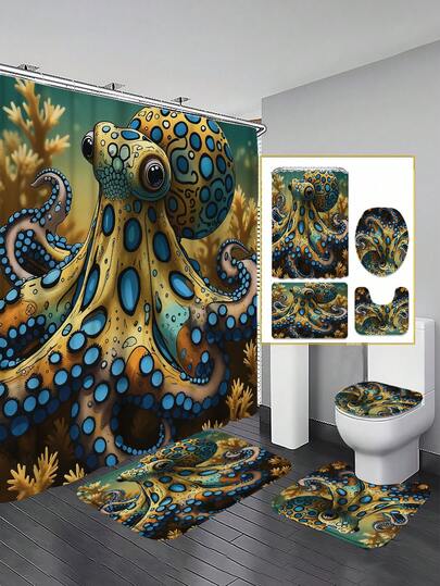 Bộ đồ dùng phòng tắm nghệ thuật bạch tuộc chấm xanh dưới biển (1/3/4 món), trang trí nhà cửa, rèm phòng tắm, rèm cửa sổ phòng tắm, bộ rèm tắm, đồ dùng phòng tắm đầy đủ, bao gồm rèm tắm và bộ thảm trải sàn.