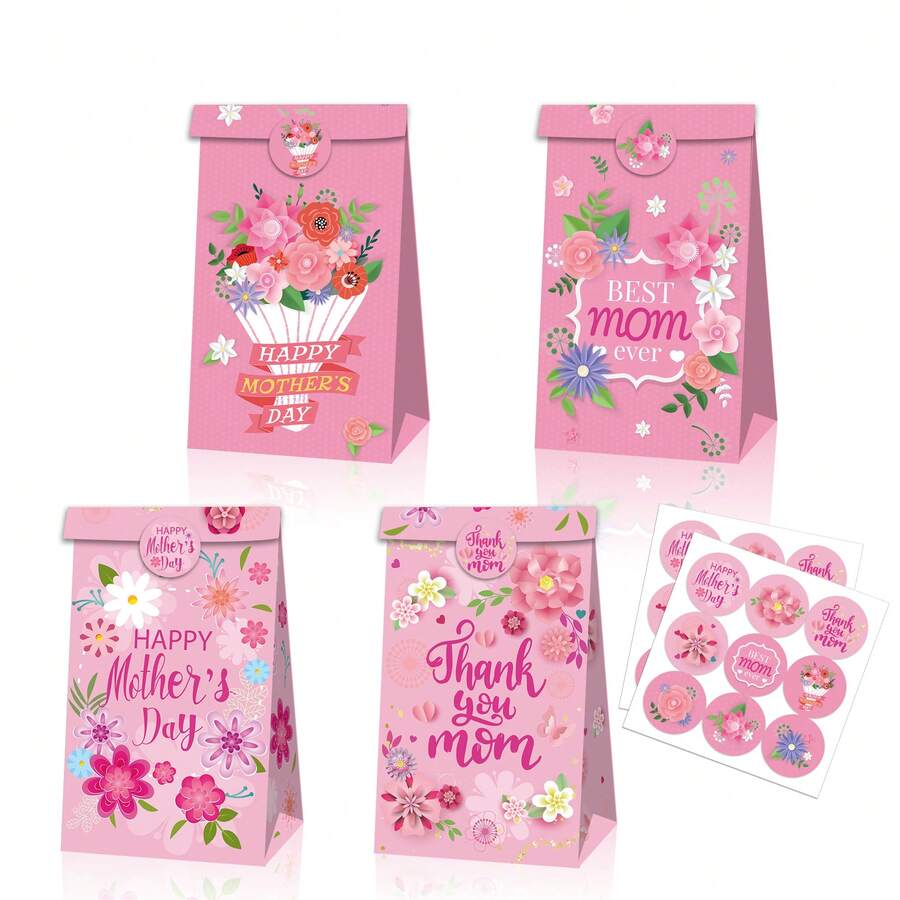 8PCS Mother's Day Paper Gift Bags With Stickers, Pink Floral Treat Bags, Reusable Goodie Bags For Mom Birthday Mother's Day Party Gift Wrapping Supplies - LB283 - View 1