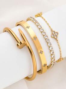 Set de 4 piezas de pulsera de acero inoxidable chapada en oro de 18K con diseño de trébol de cuatro hojas, adecuado para uso diario de mujeres, regalo de boda y ocasiones especiales - Juego de 4 piezas - Ver 12