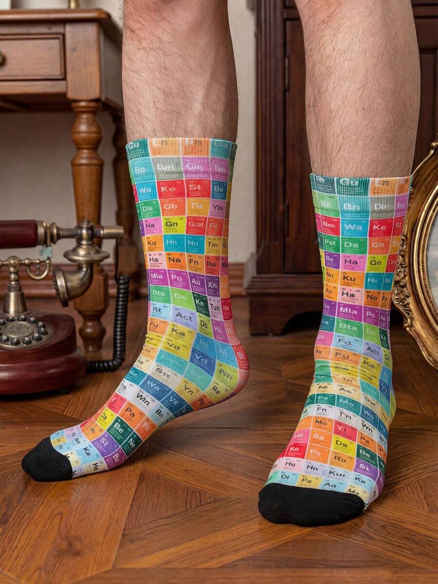 1/3 Đôi tất dài đến bắp chân kiểu bảng tuần hoàn các nguyên tố hóa học sáng tạo, tất nam độc đáo, thú vị và phù hợp cho mùa hè. - Nhiều màu - Xem 1