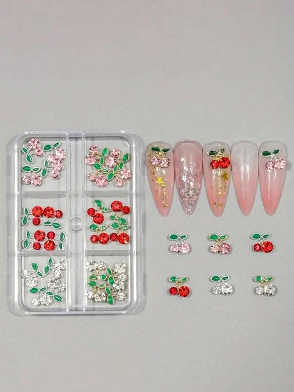 30件3D红色樱桃美甲装饰品，DIY合金水钻美甲配件，情人节礼物，送给朋友和女朋友，化妆造型用品，提升女性指甲魅力的美甲产品，美甲用品，美甲师必备品，美甲装饰品，美甲宝石