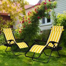 Set Of 2 Relaxing Recliners Patio Chairs Adjustable Steel Mesh Zero Gravity Lounge Chair Beach Chairs With Pillow And Cup Holder (Yellow Stripe) - 黃色 - 查看 1
