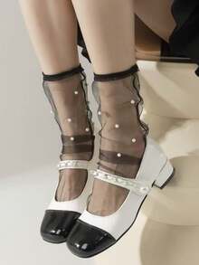 1双黑白薄款透明玻璃丝网浪漫中筒袜，适合春夏穿着 - 彩色 - 查看 7