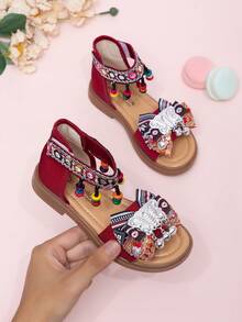 1双女童凉鞋，2026夏季新款公主凉鞋，夏季韩版大童露趾罗马凉鞋 - 酒紅色 - 查看 4