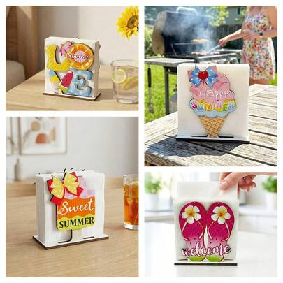 1 قطعة حامل مناديل على شكل آيس كريم صيفي لطيف، منظم مناديل قائم مناسب لطاولات الطعام وأسطح المطبخ. موضوعه الملون بالشاطئ يجعله عنصر ديكوري مثالي للمنازل الحديثة والمقاهي والمطاعم.