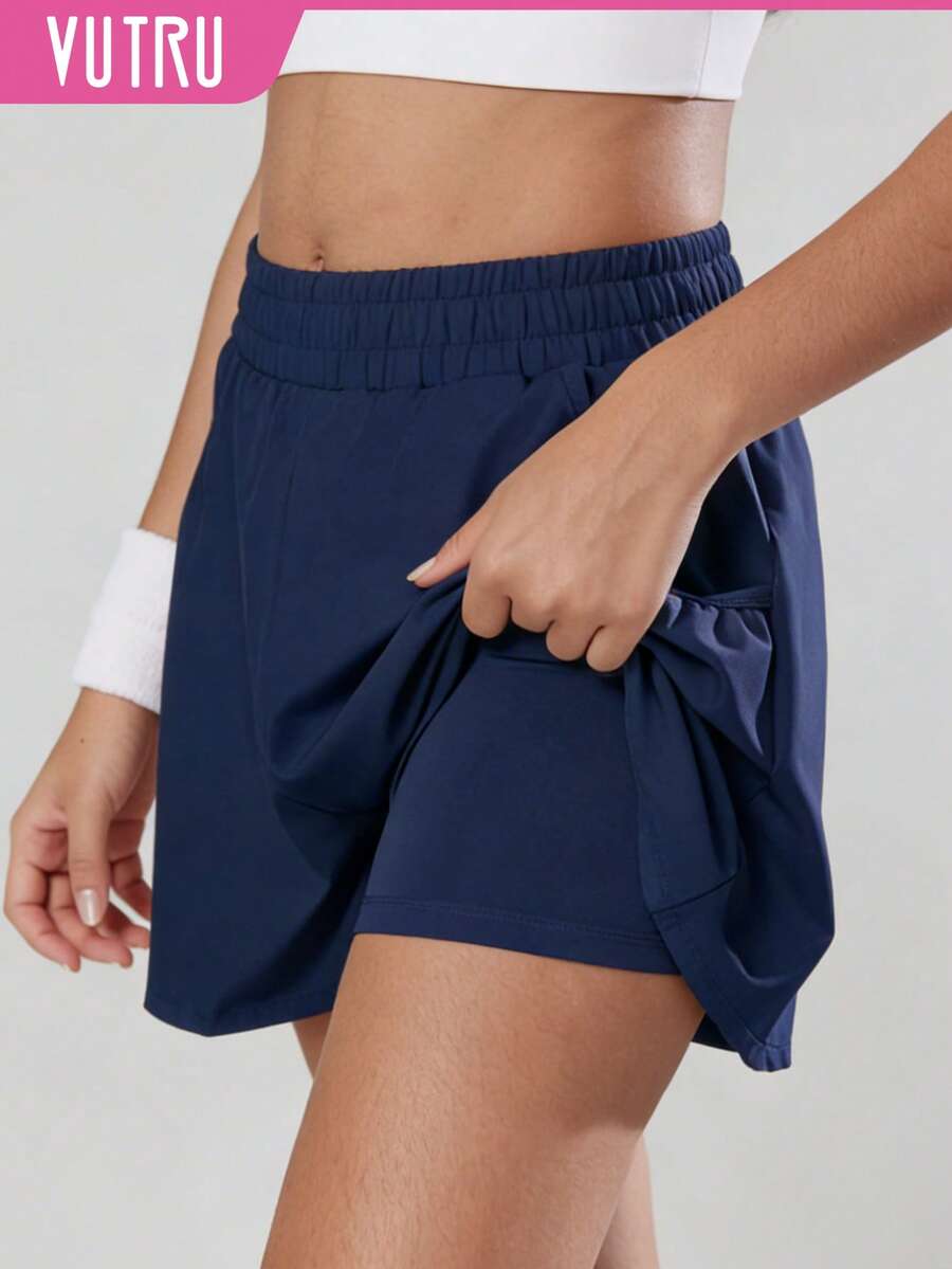 1pc VUTRU Elastic Waist Shorts With Pockets, Lightweight For Yoga Studio, Fitness, Summer - Dark Blue - View 1