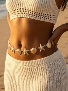1pc Summer Vacation Style Ocean Creature Starfish Seashell Patchwork Women's Fashionable Gold Metal Waist Chain, Sweet Minimalist Elegant Girl Unique Design Body Chain, Versatile Accessory Suitable For Beach, Travel, Party, Any Holiday Gift - Gold - View 3