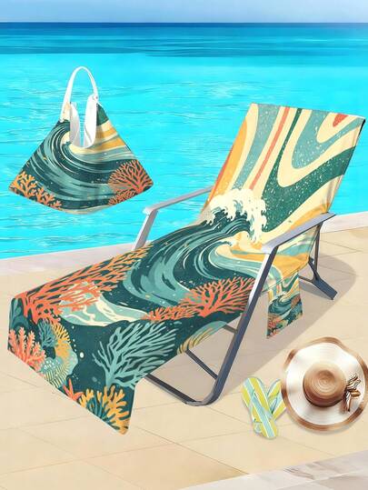 1 chiếc khăn phủ ghế bãi biển bằng sợi microfiber nhanh khô, họa tiết sóng san hô mùa hè, có túi đựng đồ - Thiết kế hiện đại, khăn tắm biển lý tưởng cho hồ bơi và các vật dụng cần thiết khi đi du lịch.