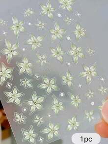 1片清新绿色花卉珍珠脸部装饰贴纸，舞台妆眼部妆容点缀贴纸，自然灵感妆容贴纸，饰有珍珠星星，适合约会、派对妆容、演唱会妆容，面部宝石装饰 - 彩色 - 查看 4