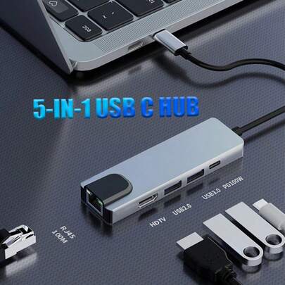 5-In-1 USB-C Hub, 4K@32Hz HDTV Adapter With Ethernet Port, USB 3.0 & 2.0 Ports, 100W PD Charging, Compatible With MacBook Pro/Air, Pro, XPS And More Devices