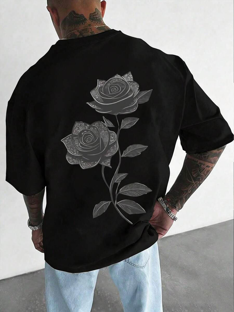男士休闲时尚百搭玫瑰花印花圆领短袖T恤，夏季 - 黑色 - 查看 1