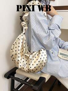 Elegant French Polka Dot Satin Fabric Hobo Bag, Slouchy Style Cloud Hobo Underarm Bag, New Relaxed Style Dumpling Bag, Commuting Office Date Shopping Travel Vacation Daily Bag For Office Ladies Teachers Moms Young Women - Champagne - View 8