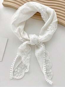 Women Minimalist Sophisticated White Hollow Floral Embroidered Triangle Headband Handmade Elastic Triangular Hair Scarf Casual Breathable Hair Accessory For Daily Commute Leisure Looks Fashion Head Wrap ZK8O - trắng - Xem 2