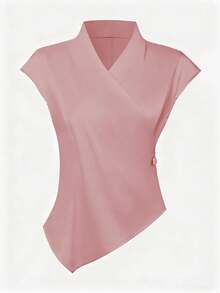 Elegant Asymmetric/Asymmetrical Crossover Polyester Blouse, Waist-Cinching Slimming Design, Suitable For Office Wear In Spring And Summer - Watermelon Pink - View 9