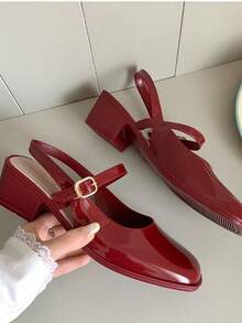 Women's Mary Jane Low Chunky Heels Slingback Closed Square Toe Dress Shoes Elegant Wedding Party Work Office Pumps Shoes - Đỏ - Xem 5