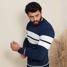 Men's Striped Knit Sweater, Casual Style, Elegant Winter Sweater, Round Neck, Comfortable For Autumn. - Navy Blue - View 4