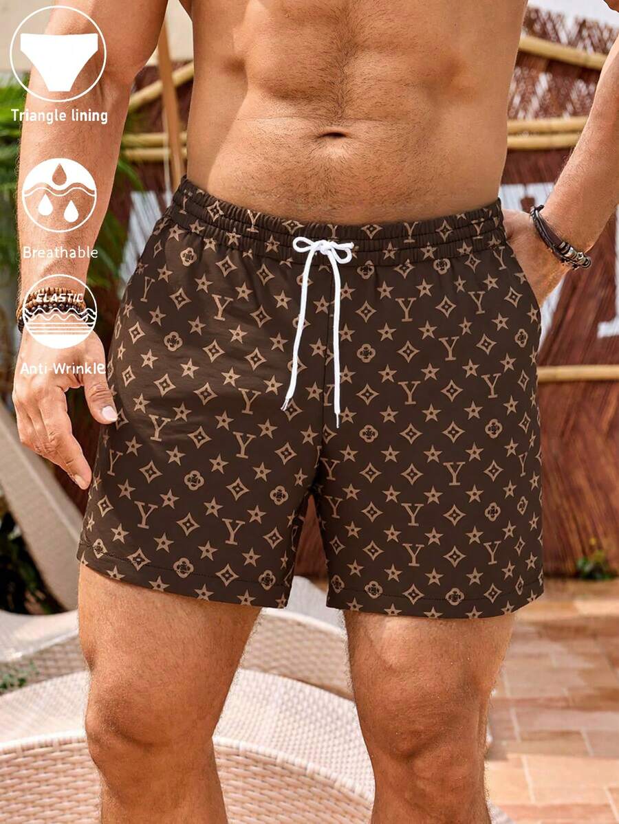 Bañador de hombre con estampado digital 3D de letras, con cordón, de secado rápido con forro de malla de doble capa, pantalones cortos casuales para vacaciones y exteriores