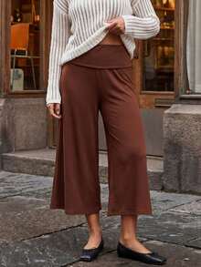 Women's Fold Over Waist Capri Fashionable Casual Solid Color Low Rise Wide Leg Crop Pants - Dark Brown - View 4