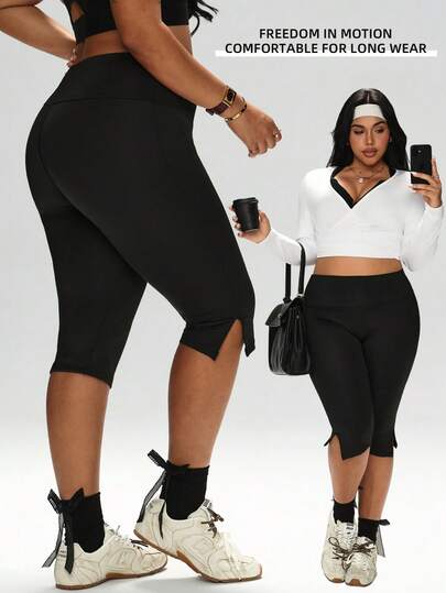 1pc Plus Size Spring/Summer Yoga Shorts, Casual Sports Outdoor Fitness Capri Pants With Small Slit Design