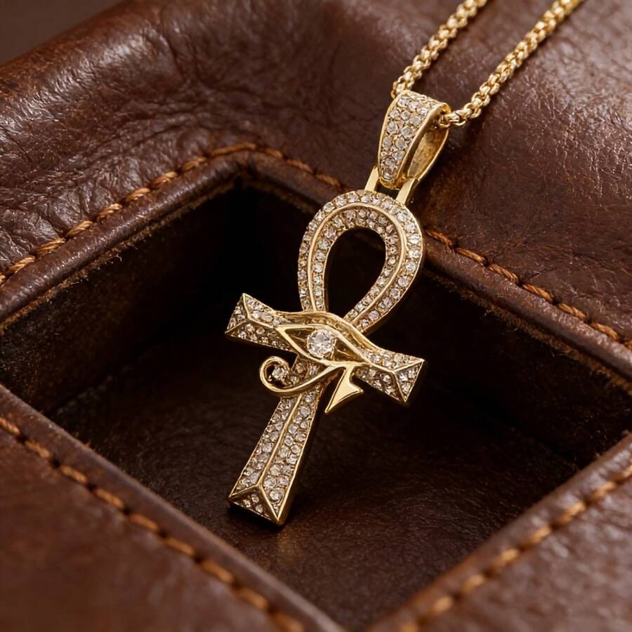1pcsEgyptian Ankh Necklace, Micro Paved CZ Eye Of Horus Pendant, Gold Tone Stainless Steel Chain, Ancient Egypt Symbol Jewelry Daily Wear Party - 銀色 - 查看 1