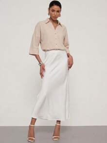 Women's Casual Loose Fit Turndown Collar Blouse, Spring/Summer - Light Khaki - View 5