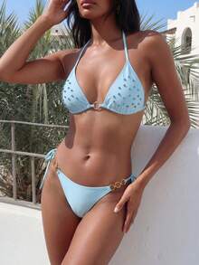 Solid Color Elegant Cute Tie Rhinestone Decor Swimwear Set, Vacation Beach Summer - Baby Blue - View 3