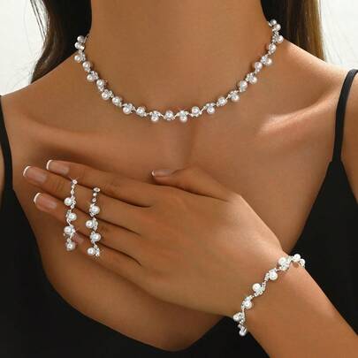 4pcs Women Jewelry Set - Necklace, Earrings, Bracelet, Geometric Pattern, Elegant, Bridal, Thanksgiving Gift,Summer,Jewellery